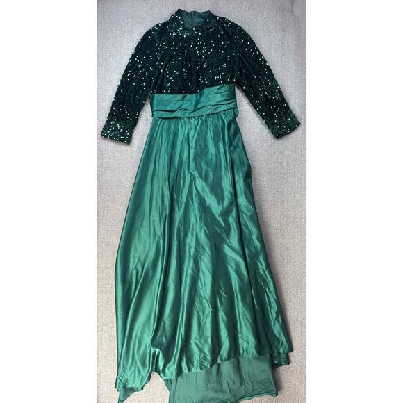 Dresses & Skirts - Formal Dress Gown Sequin Satin Long Sleeve Ball Holiday Maxi Emerald Green 16